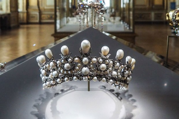 Empress Eugenie s diadem of pearls exhibited in the Apollo s Galery housing the royal collection of gems and diamonds from the French crown in Paris on May 20, 2021.