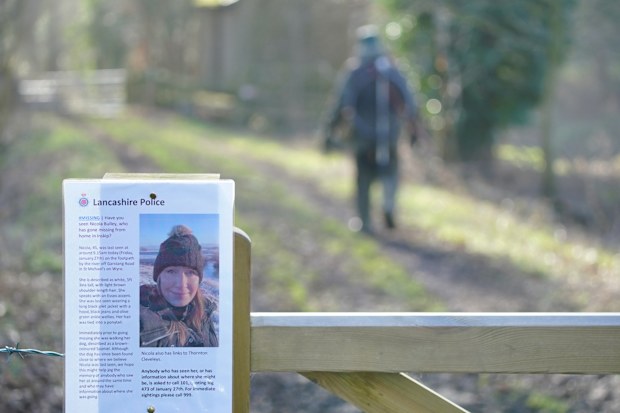 A missing person notice attached to a gate in St Michael's on Wyre, Lancashire, where officers from Lancashire Police are searching for Nicola Bulley, 45, from Inskip, Lancashire, who was last seen on the morning of Friday January 27, when she was spotted walking her dog on a footpath by the River Wyre. 