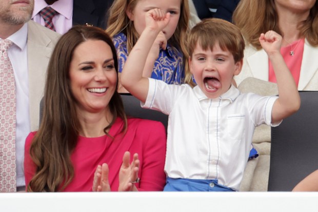 Catherine, Duchess of Cambridge and Prince Louis of Cambridge during the Platinum Pageant on June 05, 2022 in London, England.  