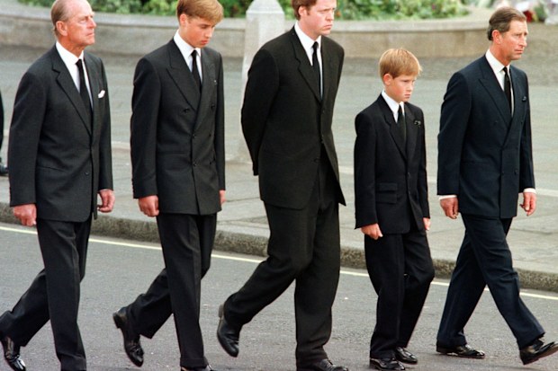 FILE - In this Sept. 6, 1997 file photo, from left, Britain's Prince Philip, Prince William, Earl Spencer, Prince Harry and Prince Charles walk outside Westminster Abbey during the funeral procession for Diana, Princess of Wales. Buckingham Palace officials say Prince Philip, the husband of Queen Elizabeth II, has died, it was announced on Friday, April 9, 2021. He was 99. Philip spent a month in hospital earlier this year before being released on March 16 to return to Windsor Castle. Philip, al