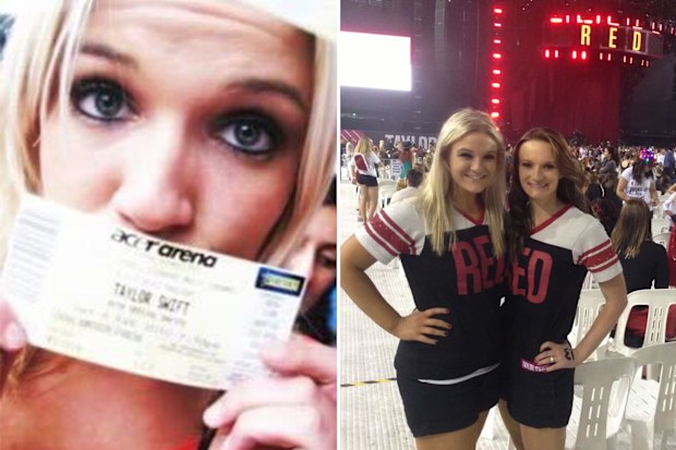 Carly Heading with her first ever Taylor Swift concert ticket (left) and at the Red tour in Australia (right).