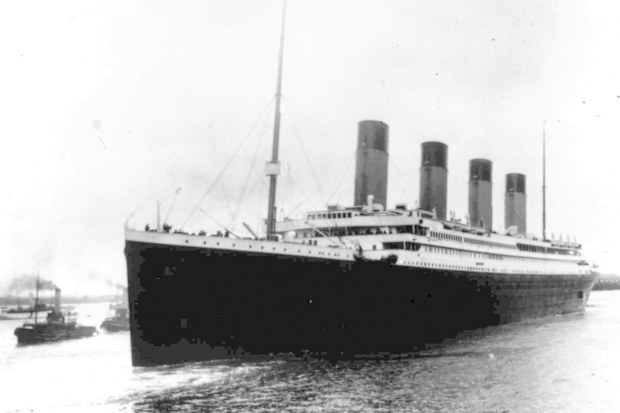 A black and white file photo of the Titanic leaving port in Southhampton, England in April 1912.