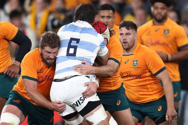 Pablo Matera of the Pumas is tackled by James Slipper during the Rugby Championship match in Sydney.