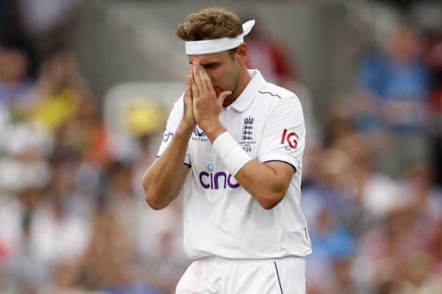 Stuart Broad reacts after being hit four a boundary on day one of the second Test between Australia and England.