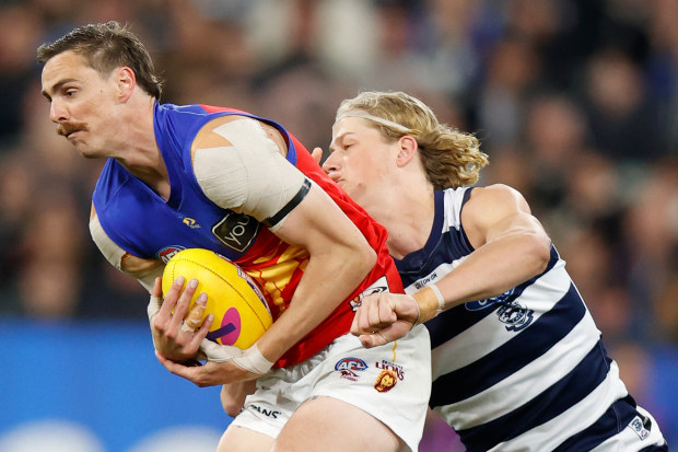 Joe Daniher of the Lions marks the ball during the 2022 AFL First Preliminary Final match between the Geelong Cats and the Brisbane Lions at the Melbourne Cricket Ground on September 16, 2022 in Melbourne, Australia. (Photo by Michael Willson/AFL Photos)