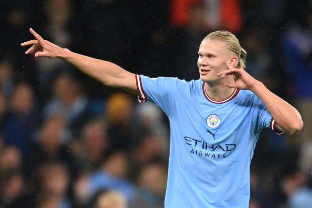 Erling Haaland of Manchester City celebrates after scoring his second goal.