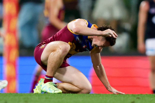 BRISBANE, AUSTRALIA - SEPTEMBER 23: Lachie Neale of the Lions celebrates after the siren during the 2023 AFL Second Preliminary Final match between the Brisbane Lions and the Carlton Blues at The Gabba on September 23, 2023 in Brisbane, Australia. (Photo by Dylan Burns/AFL Photos via Getty Images)