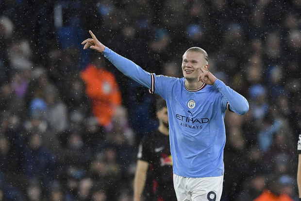 Erling Haaland of Manchester City celebrates after scoring his second goal.v