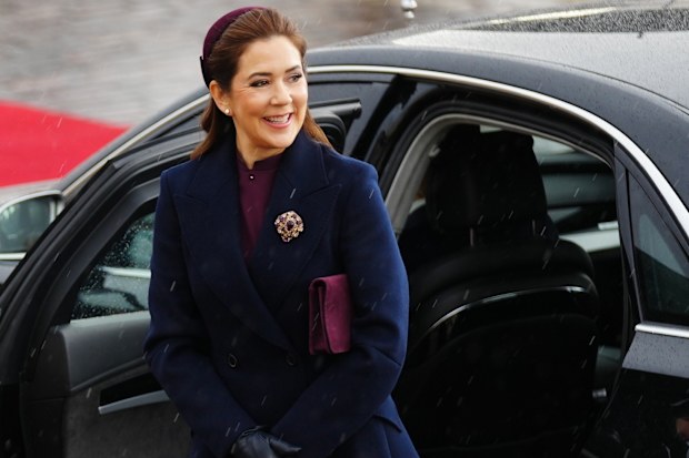 Denmark's Queen Mary arrives with King Frederik X, not in the picture, at the Presidential Palace in Helsinki, Finland, Tuesday, March 4, 2025. (Ida Marie Odgaard/Ritzau Scanpix via AP)