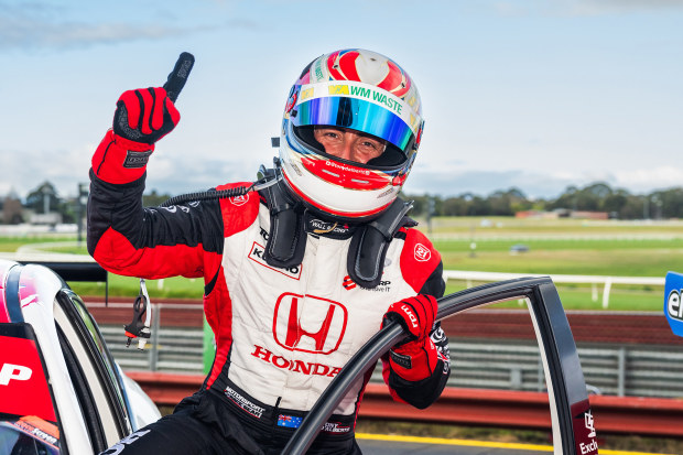 Tony D'Alberto celebrates winning race one of the TCR Australia Series at Sandown.