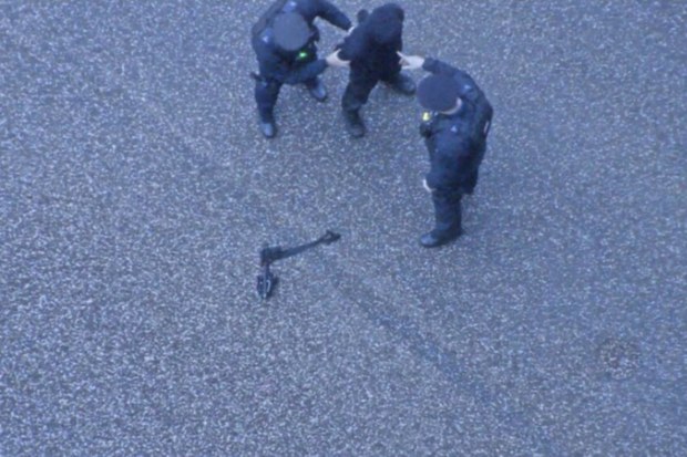 In this grab taken from  CCTV footage provided by the Metropolitan Police on Thursday, Oct. 5, 2023, Jaswant Singh Chail is arrested by police onDec. 25, 2021 in the grounds of Windsor Castle, in Windsor, England.  