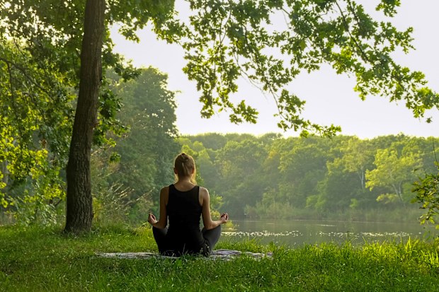 Back view of unrecognizable woman practicing yoga in summer outdoors. Rear view of female sitting in meditation pose on yoga mat in lotus position, raising hands up, doing stretching exercise outside