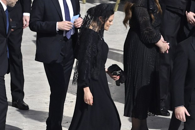 VATICAN CITY, VATICAN - MAY 18: Crown Princess Victoria of Sweden arrives ahead of the Inauguration Mass of Pope Leo XIV in St Peter's Square on May 18, 2025 in Vatican City, Vatican. Pope Leo XIV (formerly Cardinal Robert Francis Prevost) presided over his inauguration mass in St Peter's Square after his election on May 8th. (Photo by Antonio Masiello/Getty Images)