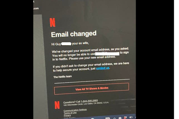 Man discovers wife is cheating on him through message on Netflix account.