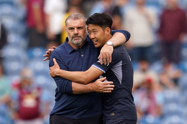 Tottenham Hotpsur manager Ange Postecoglou and Son Heung-min after the final whistle of the Premier League match at Turf Moor, Burnley. Picture date: Saturday September 2, 2023. (Photo by Nick Potts/PA Images via Getty Images)