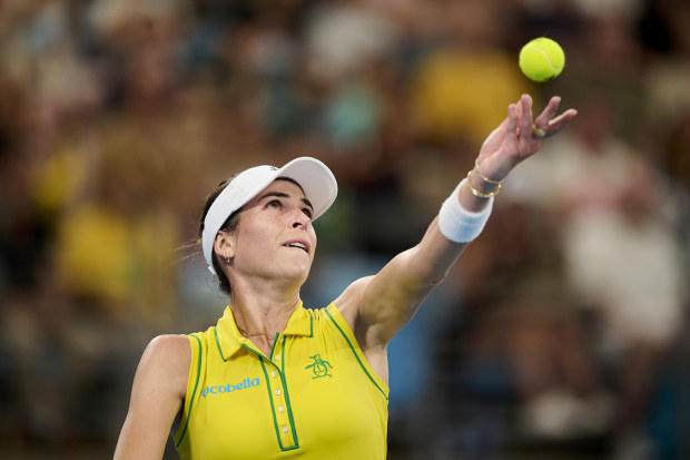 Ajla Tomljanovic of Australia serves in the semi-final match against Angelique Kerber of Germany during the 2024 United Cup at Ken Rosewall Arena.