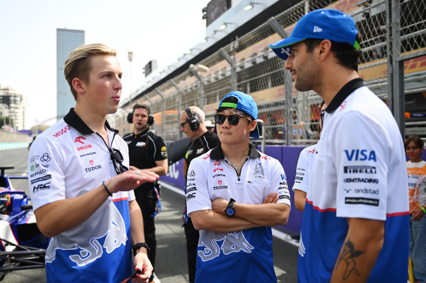 Liam Lawson (left) with Yuki Tsunoda (centre) and Daniel Ricciardo at the Saudi Arabian Grand Prix.