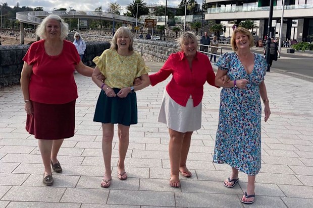 Here's the recreated photo, taken in October 2024. Pictured from left to right: Marion Bamforth, Sue Morris, Carol Ansbro and Mary Helliwell in Torquay, Devon in the UK. **This image is for use with this specific article only** 