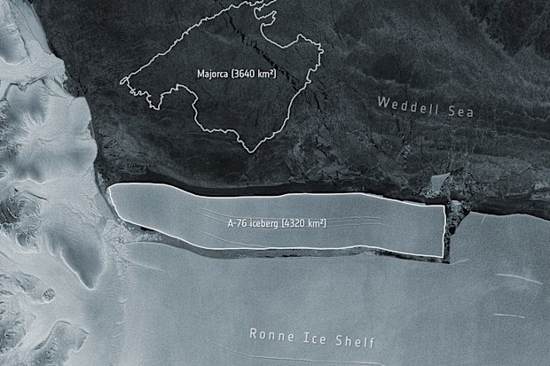 An enormous iceberg has calved from the western side of the Ronne Ice Shelf, lying in the Weddell Sea, in Antarctica.