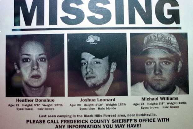 372696 01: One of the Blair Witch Project "artifacts", a missing poster, features the three actors who starred in the film, from left, Heather Donahue, Joshua Leonard and Michael Williams, on display at the GCC Franklin Mills Theater in Philadelphia, Tuesday, August 10, 1999. The film, made for about $35,000, has turned the independent film world upside down, by earning $50 million after it's first week of wide release. (Photo by William Thomas Cain