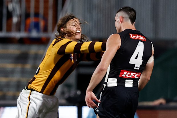 Jack Ginnivan went at it with former teammate Brayden Maynard.