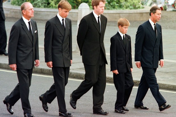 FILE - In this Sept. 6, 1997 file photo, from left, Britain's Prince Philip, Prince William, Earl Spencer, Prince Harry and Prince Charles walk outside Westminster Abbey during the funeral procession for Diana, Princess of Wales. Buckingham Palace officials say Prince Philip, the husband of Queen Elizabeth II, has died, it was announced on Friday, April 9, 2021. He was 99. Philip spent a month in hospital earlier this year before being released on March 16 to return to Windsor Castle. Philip, al