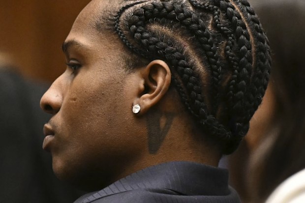 A$AP Rocky listens to closing arguments during his trial Thursday, Feb. 13, 2025, in Los Angeles.(Patrick T. Fallon/Pool Photo via AP)