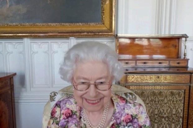 This undated handout video still issued Saturday, June 4, 2022 by Buckingham Palace shows Queen Elizabeth II on a video call with recipients of the Australian of the Year Awards which took place ahead of the Platinum Jubilee Central Weekend, in London. (Buckingham Palace via AP)