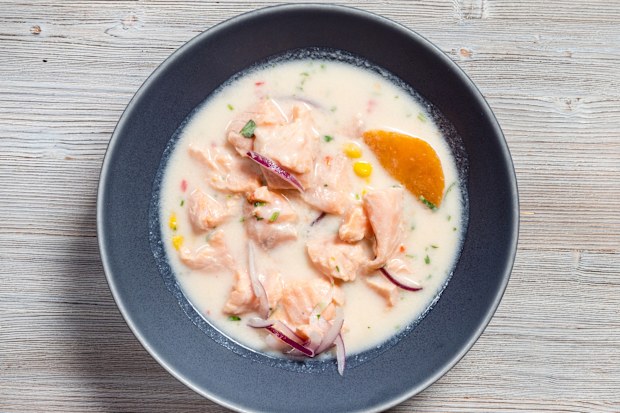 top view of peruvian Salmon ceviche in Leche de Tigre sauce with sweet potatoes and corn in bowl on gray wooden board