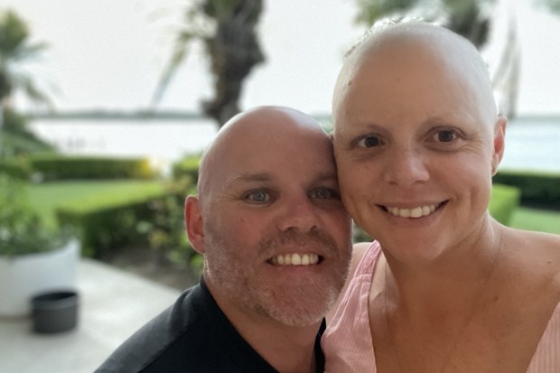 Louise Balfe with her husband during cancer treatment.