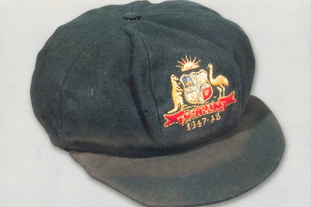 The baggy green cap worn by Donald Bradman in the 1947-1948 summer against India, his last on Australian soil. This image was taken before it went up for auction in 2003. Image: Joe Castro.