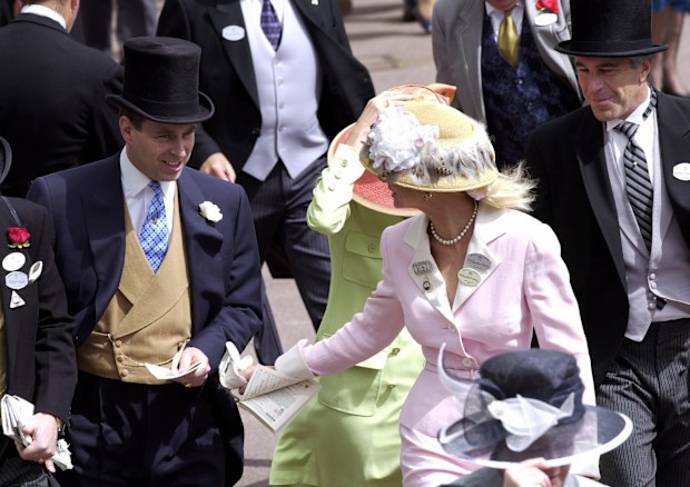 Prince Andrew, the Duke of York and Jeffrey Epstein (far right) at Royal Ascot.