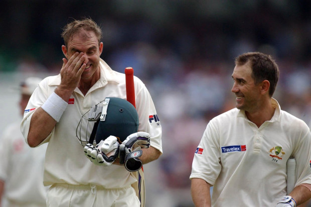Australia's Justin Langer (R) and Matthew Hayden share a joke during the second day of the fifth npower Test match against England at the Brit Oval, London, Friday September 9, 2005. PRESS ASSOCIATION Photo. Photo credit should read: Chris Young/PA.   (Photo by Chris Young - PA Images/PA Images via Getty Images)