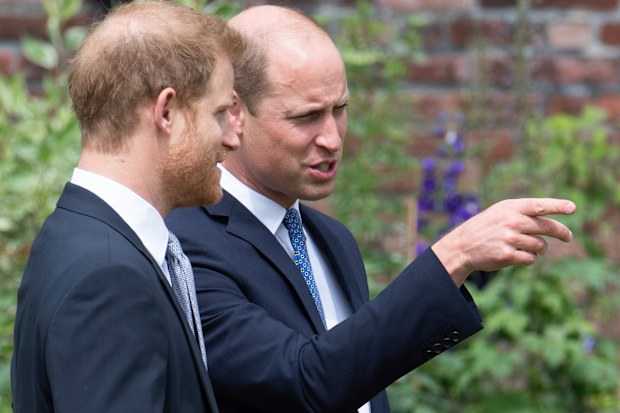 Britain's Prince William and Prince Harry gesture, during the unveiling of a statue they commissioned of their mother  Princess Diana,  on what woud have been her 60th birthday, in the Sunken Garden at Kensington Palace, London, Thursday July 1, 2021. (Dominic Lipinski /Pool Photo via AP)