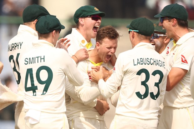 DELHI, INDIA - FEBRUARY 18: Matthew Kuhnemann of Australia celebrates taking the wicket of Virat Kohli of India during day two of the Second Test match in the series between India and Australia at Arun Jaitley Stadium on February 18, 2023 in Delhi, India. (Photo by Robert Cianflone/Getty Images)