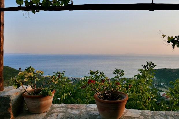Ionian Coast at sunset, seen from terrace in Old Himarë castle, Albania.