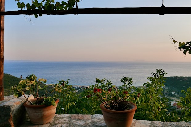 Ionian Coast at sunset, seen from terrace in Old Himarë castle, Albania.