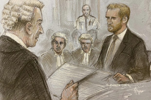 A court artist sketch by Elizabeth Cook of Britain's Prince Harry being being cross examined by Andrew Green KC, as he gives evidence at the Rolls Buildings in central London, Wednesday, June 7, 2023 