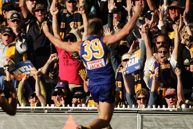 Adam Hunter of the Eagles celebrates scoring the winning goal of the 2006 AFL grand final.