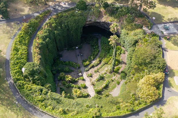 Aerial view of Umpherston Sinkhole, a beautifully maintained garden in Mount Gambier, South Australia