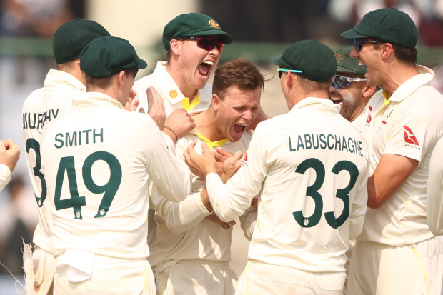Matthew Kuhnemann of Australia celebrates taking the wicket of Virat Kohli of India during day two of the Second Test match in the series between India and Australia at Arun Jaitley Stadium on February 18, 2023 in Delhi, India. (Photo by Robert Cianflone/Getty Images)