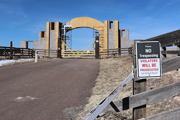 The entrance of the San Rafael Ranch, which was previously owned by Jeffrey Epstein and called the Zorro Ranch, is seen, Jan. 31, 2026, near Stanley, N.M.  
