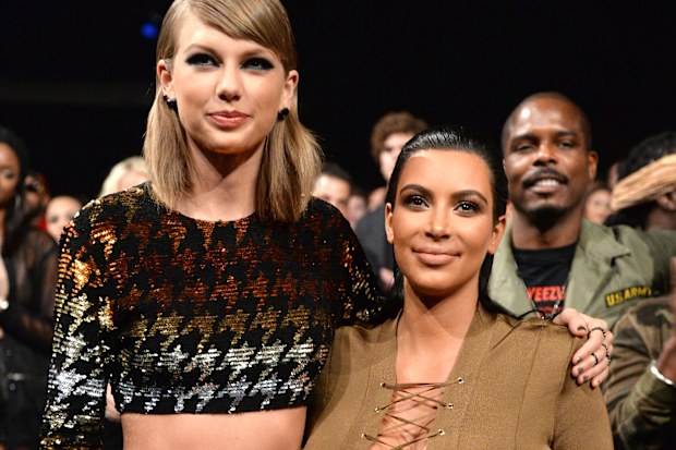 Taylor Swift and Kim Kardashian at the 2015 MTV Video Music Awards on August 30, 2015 in Los Angeles, California.