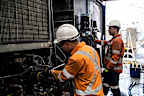 Two electrical apprentices at Marr crane yard. Generic TAFE, Trade, tradie, employment, work.