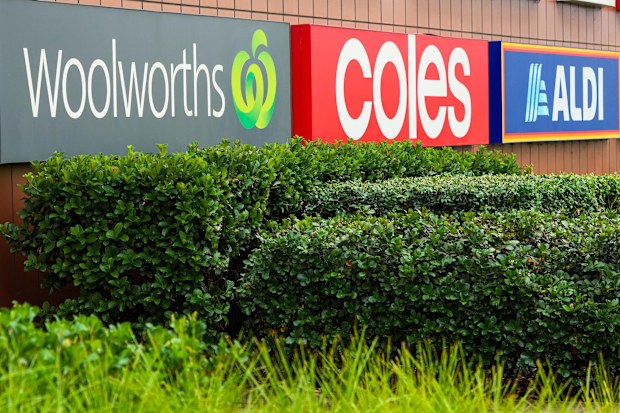 Woolworths, Coles and Aldi signage supermarket signage.