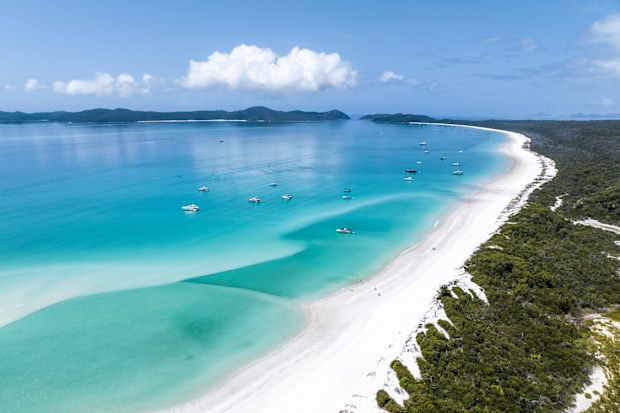 Beautiful high angle aerial drone view of famous Whitehaven Beach, part of the Whitsunday Islands National Park near the Great Barrier Reef, Queensland, Australia. Popular tourist destination.