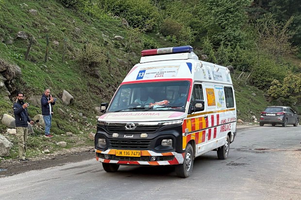 Indian security officers patrol in armored vehicles near Pahalgam in south Kashmir after assailants indiscriminately opened fired at tourists in Pahalgam, Indian controlled Kashmir, Tuesday, April 22, 2025. (AP Photo/Dar Yasin)