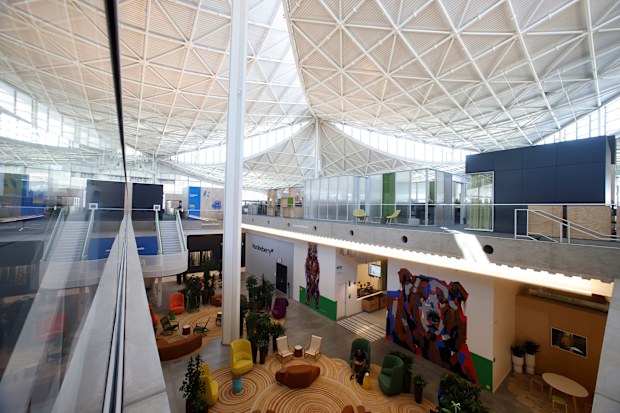 A view of the interior roof structure and open sitting area on the first floor of building BV100, during a tour of Google's new Bay View Campus in Mountain View, California, U.S. May 16, 2022. Picture taken May 16, 2022.   REUTERS/Peter DaSilva