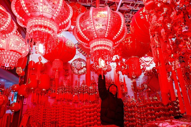 A customer shops for Spring Festival decorations with horse elements to welcome the upcoming Lunar New Year in Jinhua, China.