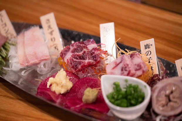 This picture taken on May 20, shows whale meat sashimi at a 'Nisshinmaru' whale meat restaurant in Shimonoseki city, Yamaguchi prefecture.